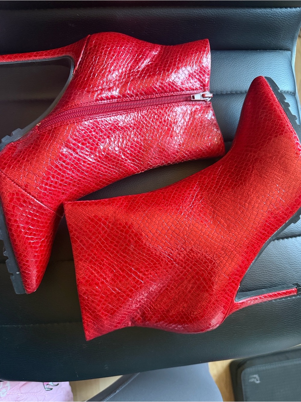 Thalia Sodi Red Snake-Texture Pointed Toe Ankle Booties